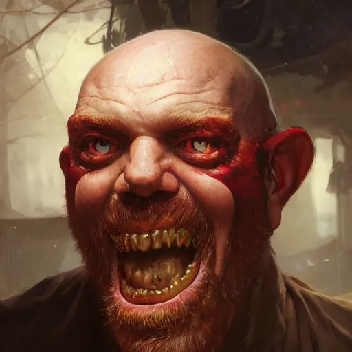 Image similar to portrait of a red bald man with black eyes and a black teeth, horror, glowing eyes, by Stanley Artgerm Lau , greg rutkowski, thomas kindkade, alphonse mucha, loish, norman rockwell. Trending on artstation detailed illustration hd 4k