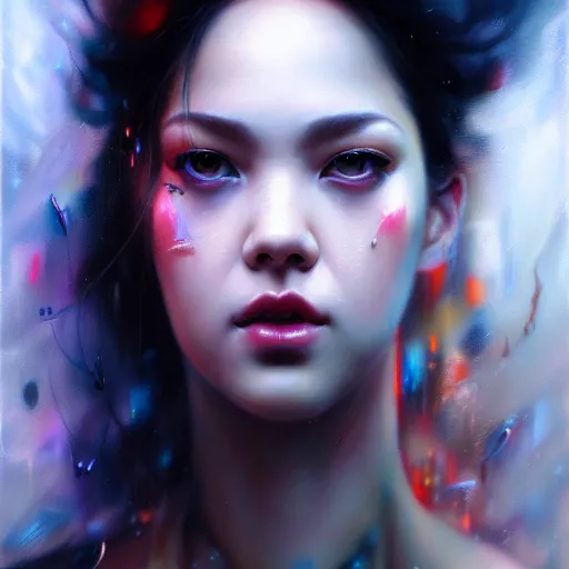 Image similar to rose of blackpink, hyperrealistic portrait, bladerunner street, by karol bak and agnes cecile, fantasy art, photo realistic, dynamic lighting, artstation, poster, volumetric lighting, very detailed face, intricate complexity, rule of thirds, 8 k, award winning