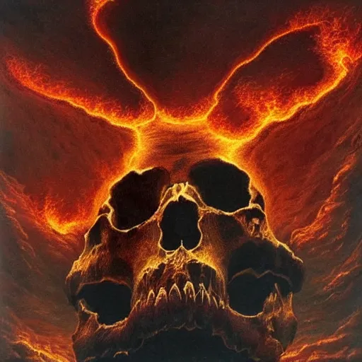 Prompt: an active supervolcano exploding with fire and thick smoke in the shape of a demonic skull, dan seagrave art