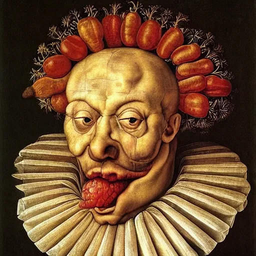 Prompt: a portrait a very ordinary person, by Giuseppe Arcimboldo, portrait, fruit, renaissance, anatomically correct, beautiful perfect face, sharp focus, Highly Detailed