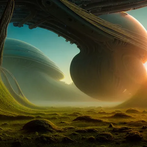 Image similar to a beautiful matte painting of an alien landscape of lush and mystical flora, remnants of a crashed spaceship, alien creatures emerging, sunrise, by Giger and Ralph McQuarrie and Bruce Pennington, cinematic lighting, ambient light, hyperrealism, hires, octane render, 8k, iridescent accents, vray