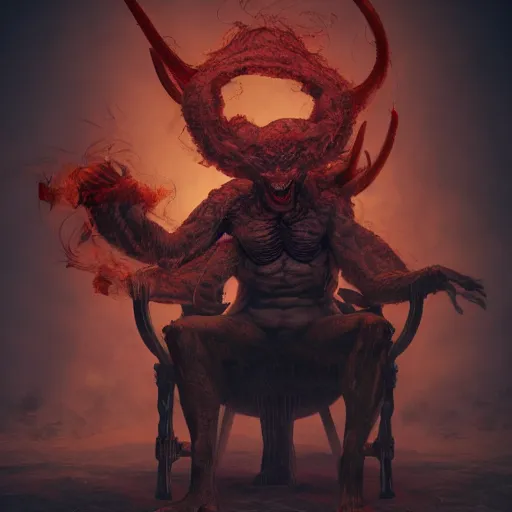 Image similar to realistic extremely detailed photo style portrait painting of a demon with smoke for hair and red burning eyes, siting in a chair, hybrid moebius, brom, artstation moody colors, octane render, 4k