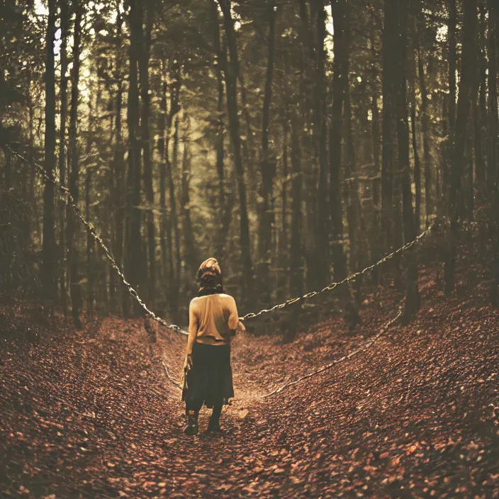 Prompt: a woman carrying chains, in a forest, by Charlotte Grimm, CANON Eos C300, ƒ1.8, 35mm, 8K, medium-format print