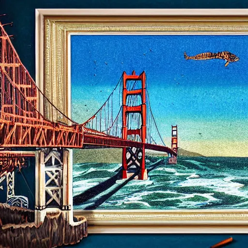 Prompt: giant bone creature standing in the ocean in front of the golden gate bridge, extreme detail, abstract realism, highly ornate intricate details, 1 9 2 0's colored pencil, 4 k, cinematic lighting,