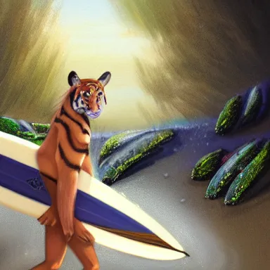 Prompt: a fantasy painting on oil of a beautiful female tiger striped tabaxi surfer druid carrying a wooden surfboard on a sandy beach in the Maldives, artstation, andrei riabovitchev, nuri iyem, james gurney, james jean, greg rutkowski, highly detailed, Rossdraws, Bluesssatan, Mandy Jurgens, Stjepan Sejic