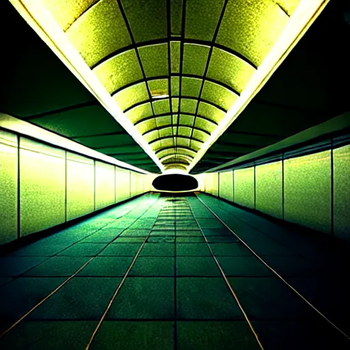 Image similar to noisy photograph of a large liminal underground garden, sky made of ceiling panels, retrofuturism, brutalism, staggered terraces, hidden area, unknown space, minimalist, cinematic, soft vintage glow, unreal engine