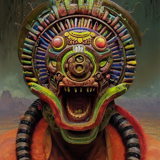 Image similar to a expressive portrait of masked diesel punk quetzalcoatl on the art of mayan ancient culture, artstation, award - winning realistic sci - fi concept art by jim burns and greg rutkowski, beksinski, a realism masterpiece, expressive color palette, james gilleard, bruegel, alphonse mucha, and yoshitaka amano