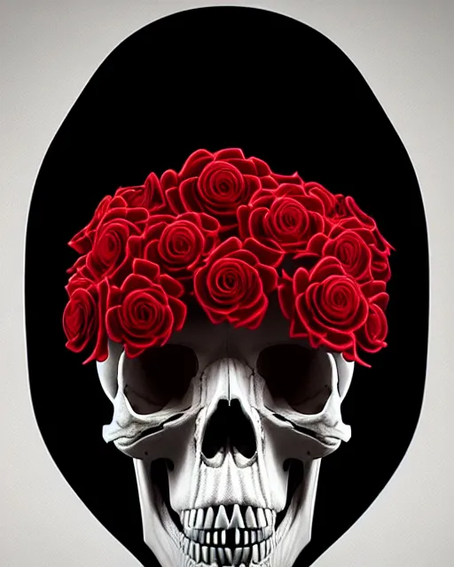 Prompt: detailed 3 d cycles render of a skull skeleton with red roses growing out of ribcage darkly elegant digital skull art by billelis and beeple