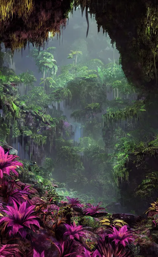 Image similar to a beautiful render of a dark prehistoric rainforest in a humongous cave, lush flora, patches of sky, magenta flowers, sunset, floating mountains and a waterfall in the background, intricate detail, hazy, humid, volumetric lighting, 8 k, photorealistic, raytracing effects, unreal engine 5