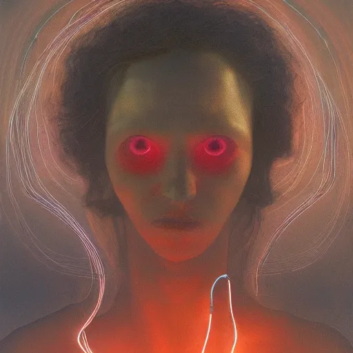 Image similar to liminal!!, portrait, shore of the lake, woman, wrapped around by glowing tubes and cables, short black curly hair, glowing red, by edgar maxence and ross tran, zdzisław beksinski, and michael whelan, distant, gustav dore, h. r. giger, 8 k, octane render