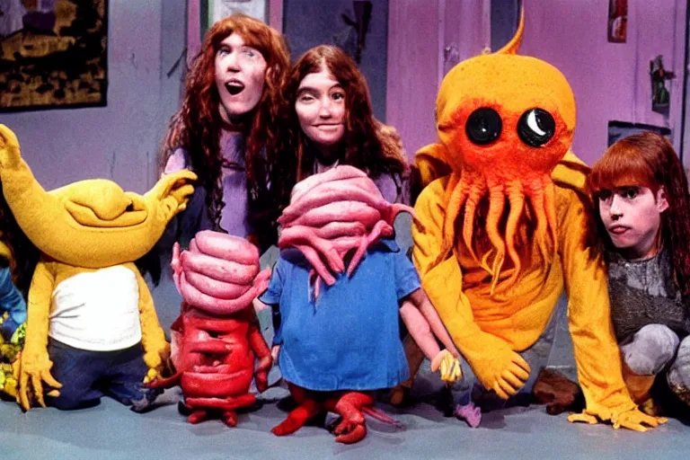 Prompt: full color frame from a live action 1972 kids show with Cthulhu, sad cheese puppet, and the friends, horror, grunge, wet, upsetting