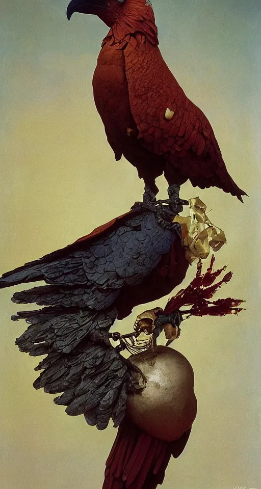 Image similar to photographic masterpiece of an albino raven standing on a golden skull with mexican pattens, annie leibovitz, frederic leighton, roger dean