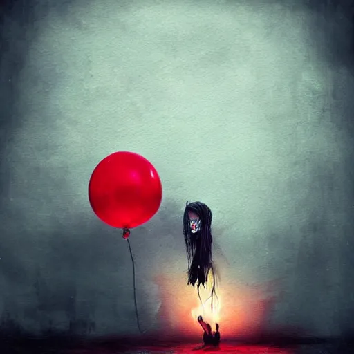 Prompt: grunge painting of a billie eilish with a wide smile and a red balloon by michal karcz, loony toons style, pennywise style, corpse bride style, rick and morty style, creepy lighting, horror theme, detailed, elegant, intricate, conceptual, volumetric light