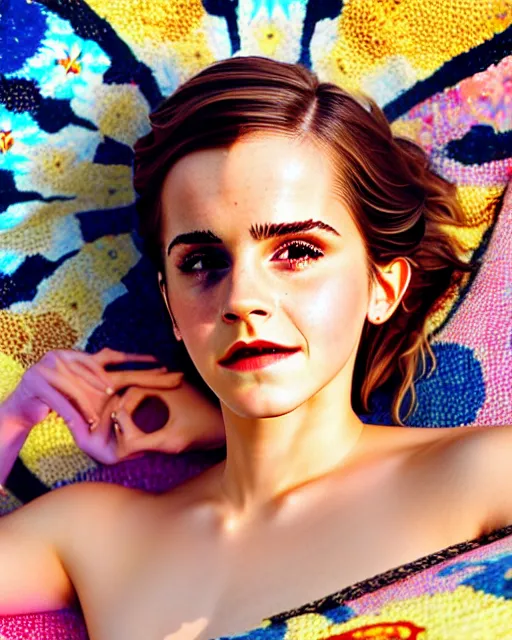 Prompt: Emma Watson for Victorian Secret, perfect face, hot summertime hippie, psychedelic swimsuit, in a sun lounger, pool, cloudy day, full length shot, shooting angle from below, XF IQ4, 150MP, 50mm, f/1.4, ISO 200, 1/250s, natural light, Adobe Photoshop, Adobe Lightroom, DxO Photolab, Corel PaintShop Pro, rule of thirds, symmetrical balance, depth layering, polarizing filter, Sense of Depth