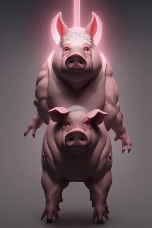 Image similar to Pig mixed with a greek god, very detailed, dramatic lighting, electrical details, high details, 4k, 8k, trending on artstation, by Greg Rutkowski, Wayne Barlowe, Hajime Sorayama and Boris Vallejo