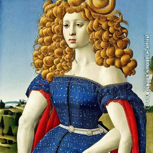 Image similar to portrait of a white poodle with curly white hair as an italian queen, painting by botticelli, 1 4 8 0 s