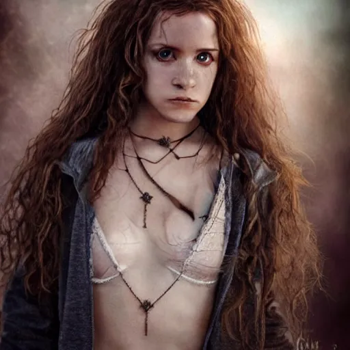 Image similar to dressed Hermione Granger in tattoos, by luis royo, beautiful eyes, by Aggi Erguna, top cinematic lighting, cinematic mood, hyperrealism, high detail