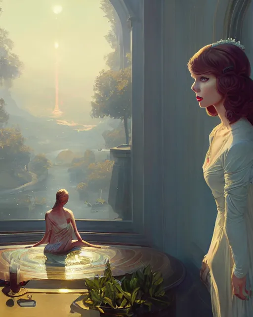 Image similar to portrait of taylor swift as an elegant renaissance goddess, in gta v, stephen bliss, unreal engine, by greg rutkowski, loish, rhads, makoto shinkai and lois van baarle, ilya kuvshinov, rossdraws, global illumination, radiant light, detailed and intricate environment