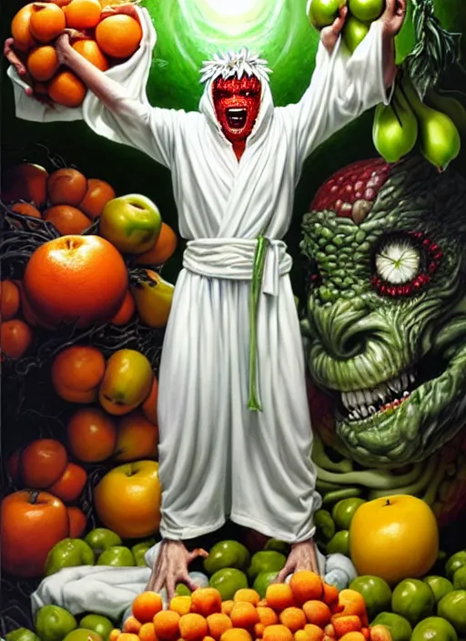 Prompt: full body shot of a monster man in a white toga, green skin, dressed in all white, clothes covered in different fruit, apples, oranges, bananas, intricate, highly detailed, concept art, hyperrealistic, oil painting by greg staples and tristan eaton, 8 k