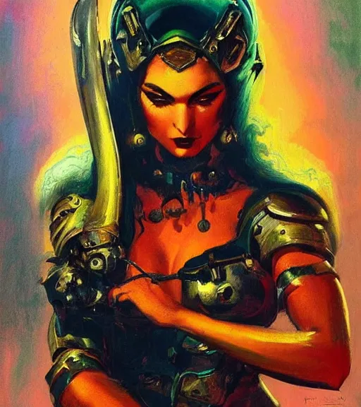 Image similar to portrait of junoesque iranian female chaos angel, beautiful! coherent! by frank frazetta, by brom, strong line, vivid neon color, shining metal power armor, iron helm, high contrast, maximalist