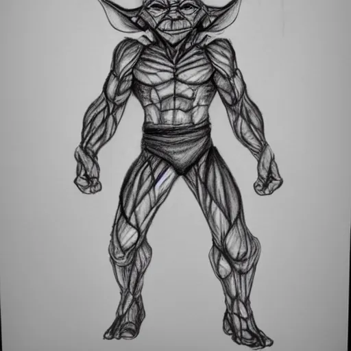Image similar to full body black and white pencil sketch of a muscular Yoda