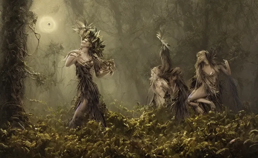 Image similar to a female spectral figure with leaves and feathers twisted in their hair is coming out of the fog with their pack of wolves, moss growing on their clothes, destructive magic pulsing at their fingertips, a spectacular intricate moody biedermeier painting, cgsociety