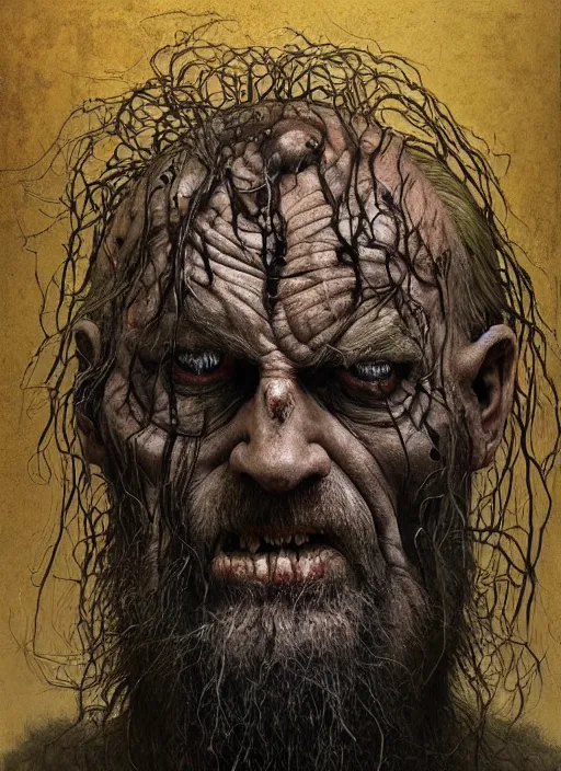 Image similar to portrait of a 6 0 year old giant man zombie wiking with long tattered tangles of thinning black hair, eerie glowing eyes, wall hanging trophy taxidermy, hyper realistic head, fantasy art, in the style of greg rutkowski, zdizslaw beksinski, intricate, alphonse mucha, hyper detailed, smooth