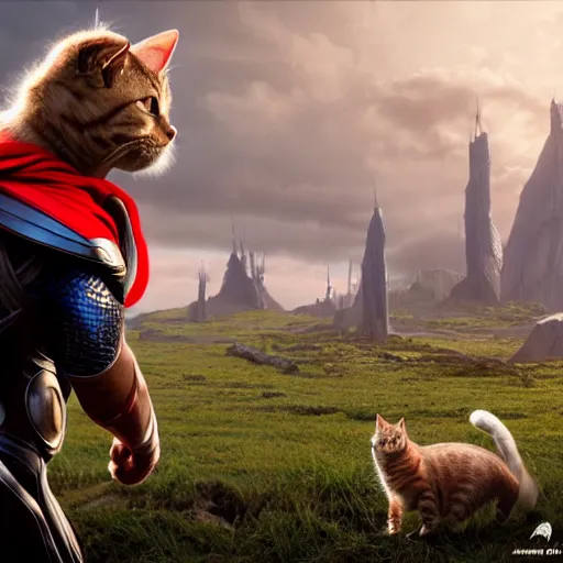 Prompt: A cat in the costume of Thor the Marvel superhero, ultra realistic, 8K, very detailed, concept art,