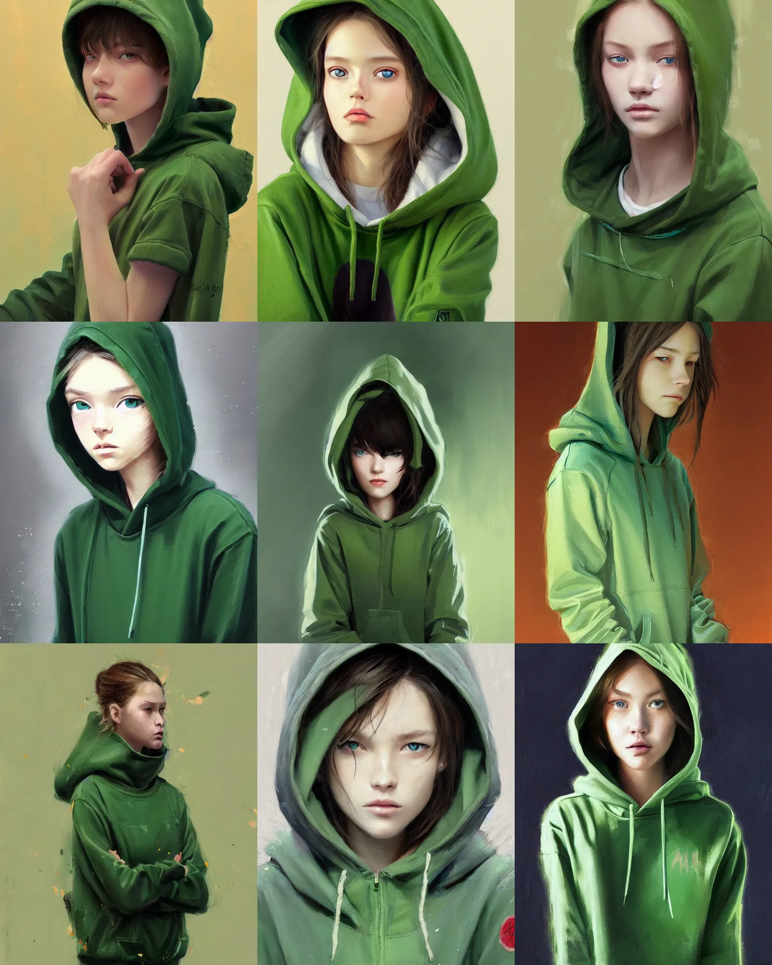 Image similar to a painting of a fully dressed girl wearing a hoodie upper body with beautiful green eyes, highly detailed, digital painting, artstation, sharp focus, dreamy illustration, art by katsuhiro otomo ghost - in - the - shell, artgerm, jeremy lipkin and giuseppe dangelico pino and michael garmash and rob rey