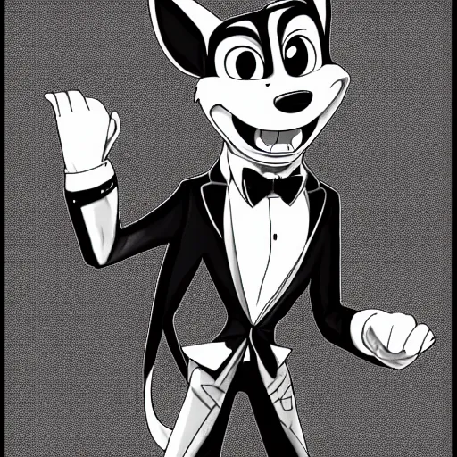 Prompt: official manga line art of Nick Wilde wearing a tuxedo, smiling at the viewer