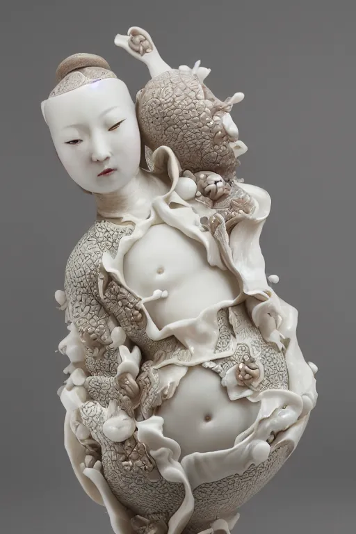 Image similar to a beautiful crafted and rendered porcelain sculpture, japanese, influenced, thast is turning itself inside, rotated, hyperrealistic and high details and minimalistic ornaments