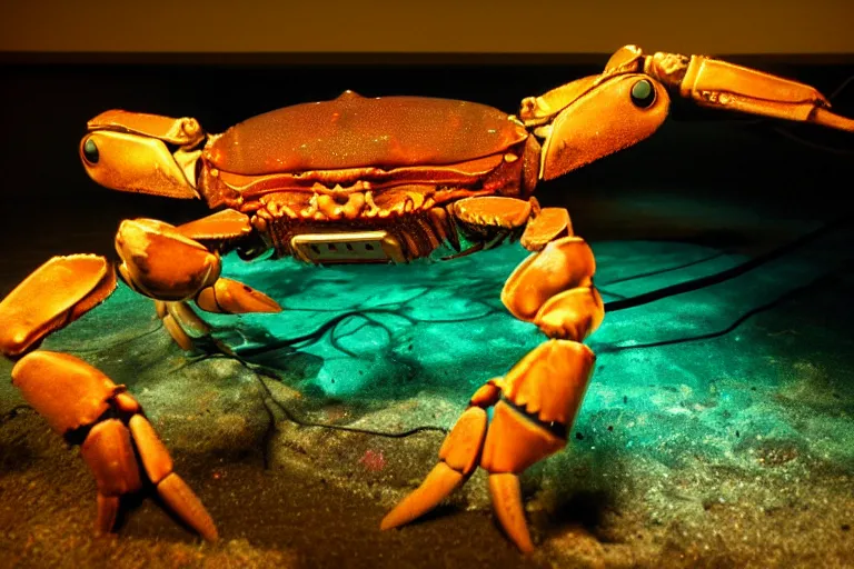 Prompt: robot crab underwater, in 2 0 1 2, bathed in the the glow of a crt television, crabcore, low - light photograph, photography by tyler mitchell