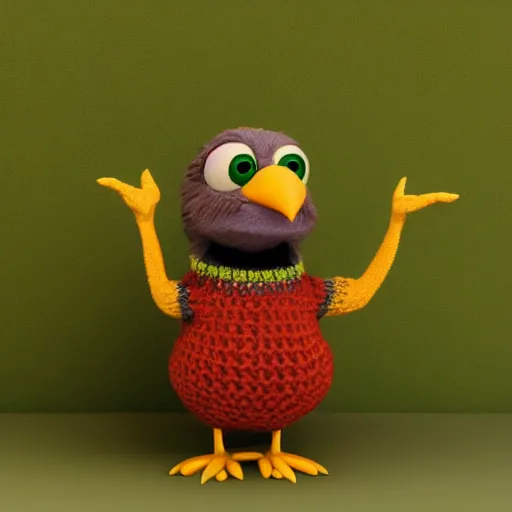 Image similar to anthropomorphic cute bird character wearing a knitted sweater, Disney Pixar, in the style of claymation, high detail, detailed feathers and fur, 3d render