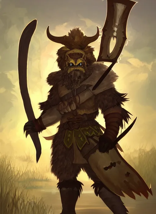 Image similar to strong young man, photorealistic bugbear ranger, black beard, dungeons and dragons, pathfinder, roleplaying game art, hunters gear, flaming sword, jeweled ornate leather armour, concept art, character design on white background, by studio ghibli, makoto shinkai, kim jung giu, poster art, game art