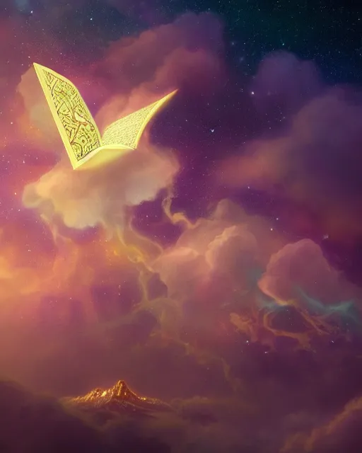 Image similar to the quran descending from the galaxy into clouds highly detailed, gold filigree, romantic storybook fantasy, soft cinematic lighting, award, pastel color palette, featured on artstation