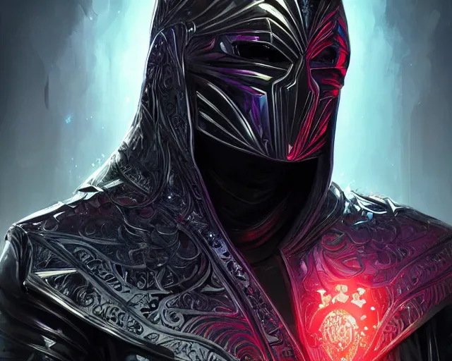 Prompt: the omnipotent assassin, vivid award winning digital artwork, intricate black sharp iridescent hooded semi - cybernetic armour, beautiful iridescent technology and weapon, human face, detailed realistic colors, character art by greg rutkowski and artgerm