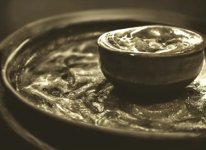 Prompt: dark blurry photograph of a bowl filled with strange greasy slop sitting next to a monitor, blurry, poor lighting, photorealistic, dark, junk littered around