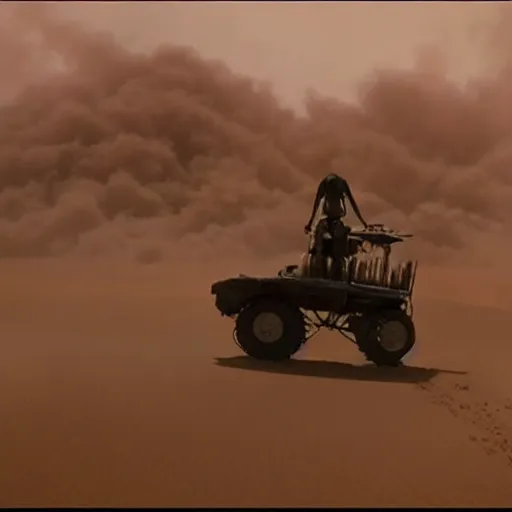 Image similar to frame from movie rango (2011), movie madmax fury road (2015) in a sandstorm