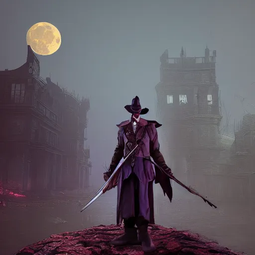 Image similar to a detailed 3 d render of darkwing duck dressed as the hunter from bloodborne, let's get dangerous, digital art, dark fantasy, concept art, soulslike, by alphonse mucha, blood moon eclipse, wherewolves in a ruined building in the background, artstation, 8 k, unreal engine render