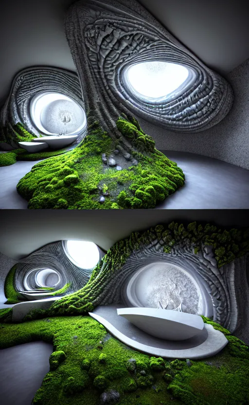 Image similar to highly detailed ultra sharp 3 d render villa interior cinematic composition of a smooth ceramic porcelain biomorphic magnolia stone nebula fluid fractal sci - fi surreal architecture landscape, granite, metallic, magnesium, marble, moss and lichen, vincent callebaut composition, mamou - mani, archviz, beautiful lighting, 8 k, unreal engine, hdr,