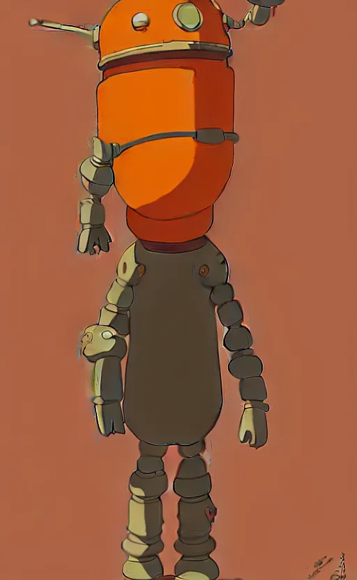 Image similar to a study of cell shaded cartoon of an orange robot monk from howl's moving castle ( 2 0 0 4 ) on a desert road, full body, wide shot, very muted colors, post grunge, studio ghibli, laurie greasley, highly detailed, deviantart, art by artgem