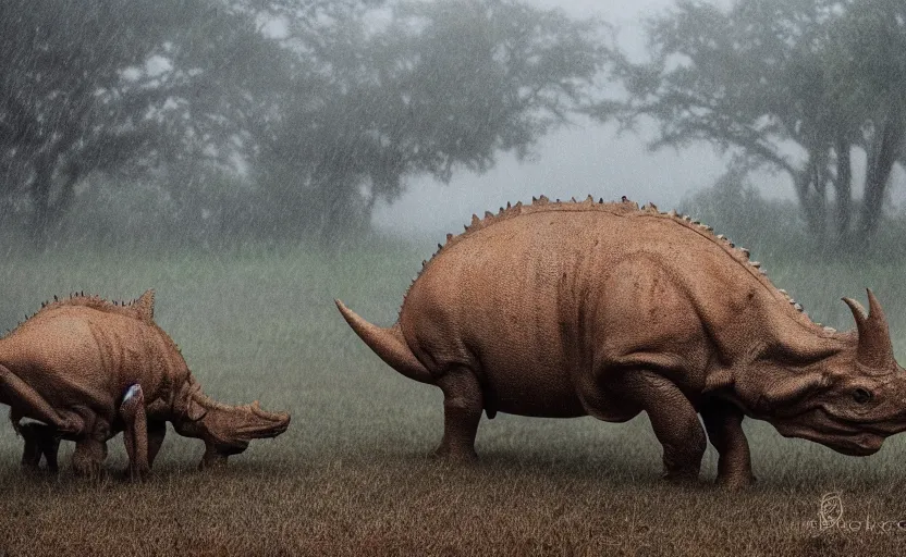Image similar to nature photography of a rain soaked triceratops and her baby, african savannah, rainfall, muddy embankment, fog, digital photograph, award winning, 5 0 mm, telephoto lens, national geographic