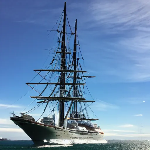 Prompt: fantasy ship sailing through auckland Harbor, futuristic neon