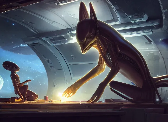 Image similar to alien space cat sleeping on a mechanics workbench in a spaceport with their android owner repairing a ship in the background in a space opera ghibli animated film, volumetric lighting, octane render by stanley artgerm lau, greg rutkowski, thomas kindkade, alphonse mucha, loish, norman rockwel, highly detailed