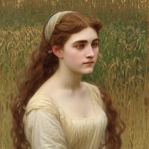 Prompt: a detailed, intricate art nouveau portrait of a young bride who resembles a teenage saoirse ronan and emma watson, in a field of grain, by william adolphe bougereau, john williams waterhouse, alphonse mucha, and donato giancola