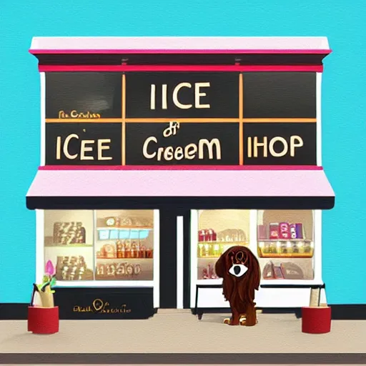 Prompt: ice cream shop storefront, king charles spaniel, digital painting by makoto shinkai