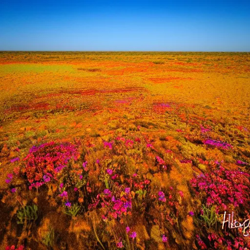 Prompt: hiqh quality photo of the australian red desert covered in colorful wild flowers, golden hour