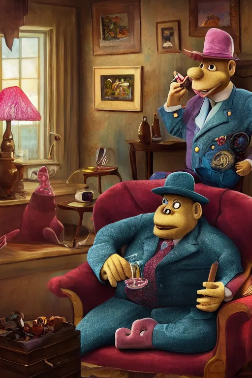 Image similar to still from kids tv show, retired barney, sitting in a lounge, sipping whiskey and smoking a cigar, oil on canvas, intricate, portrait, 8 k highly professionally detailed, hdr, cgsociety