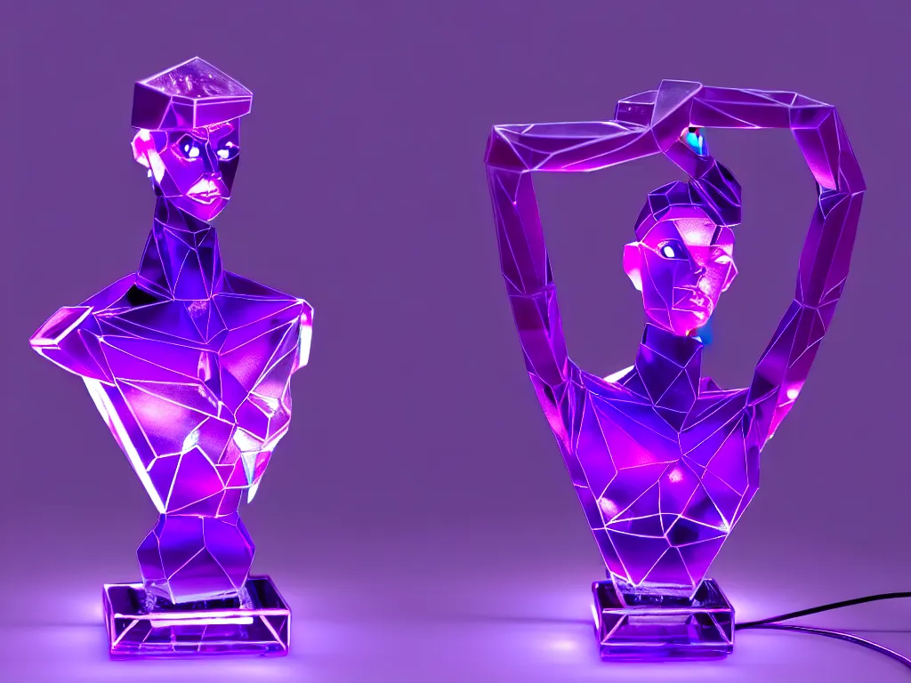 Image similar to beautiful mannequin sculpted out of amethyst by billelis + lit with purple 3 d geometric neon + chrome geometric cubed bonsai plants!!!!, doorway opening with neon pink geometric light, clean linework, dramatic, finely detailed, rule of thirds, moody, confident, award winning, 4 k, trending on artstation, photorealistic, volumetric lighting, octane render