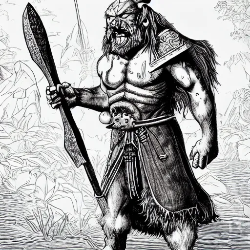 Prompt: orc with axe, full body, dnd, high detail, fantasy, in the style of vintage antique illustration and line drawing or engraving - c 9. 0